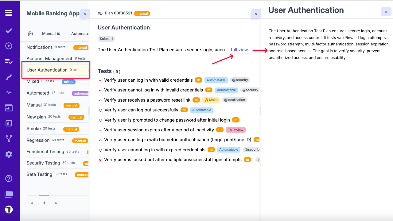 Testomat.io - Test Plan Description Full View